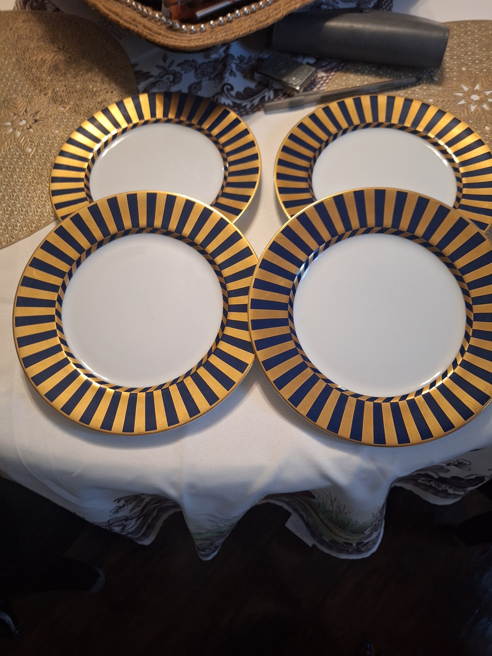King Tut Set of 4 Decorative Bread Plates with Navy and Gold Stripe Rim